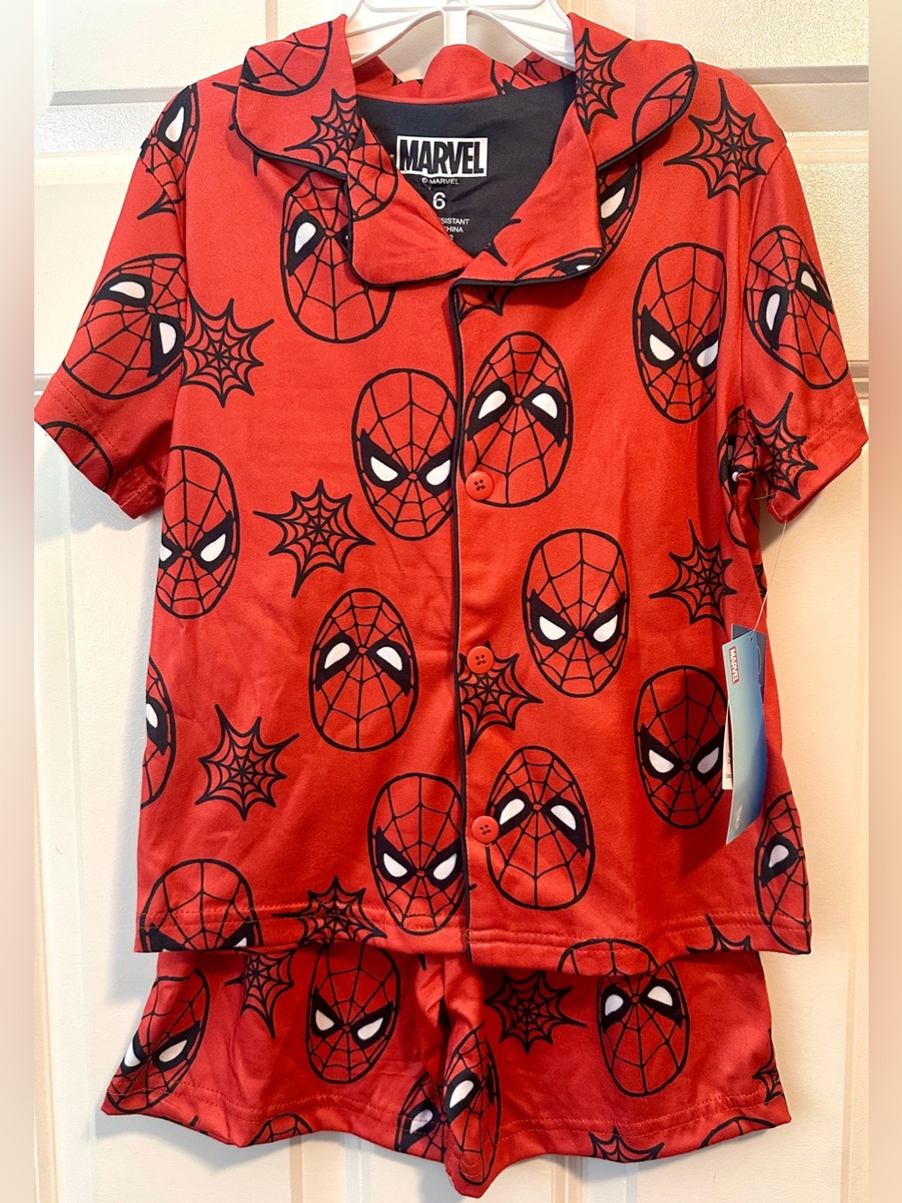 MARVEL SPIDERMAN Pajamas Kids Size 6 NEW with Tags Red Short Set Button Down PJs